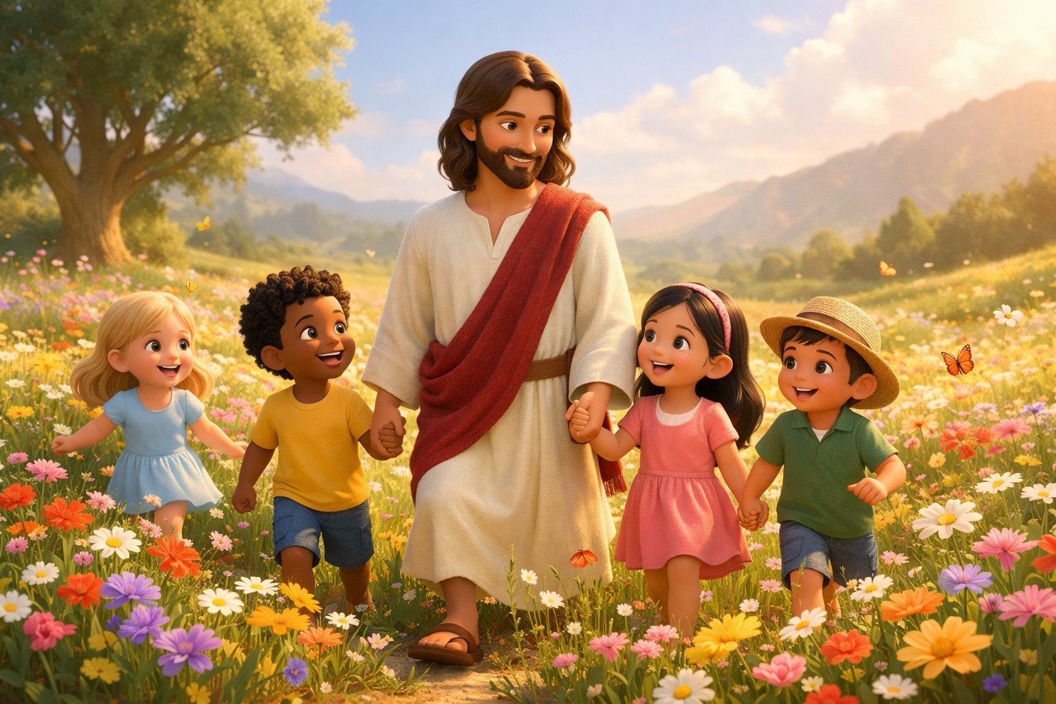 Jesus caminhando com crianças em um campo florido