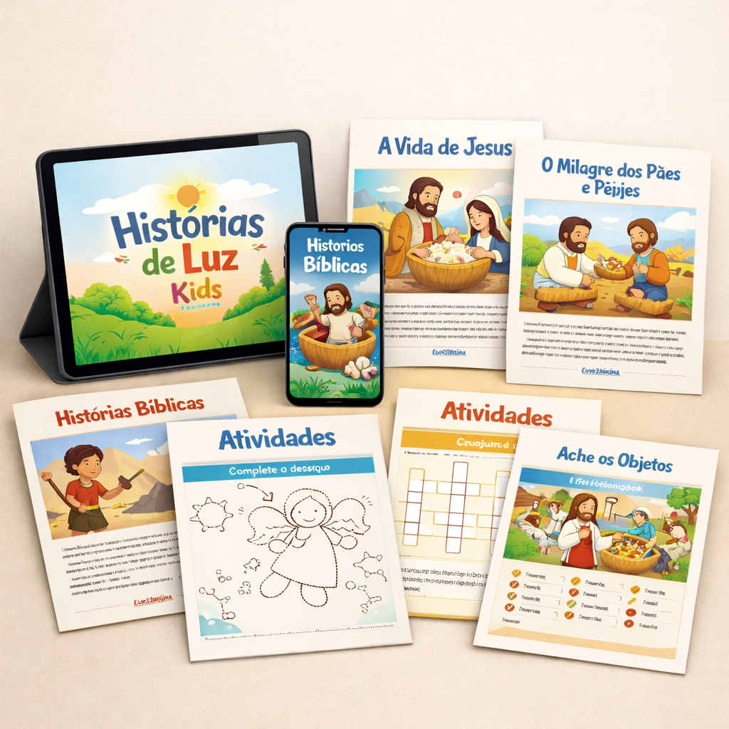 Mockup completo do kit Histórias de Luz Kids